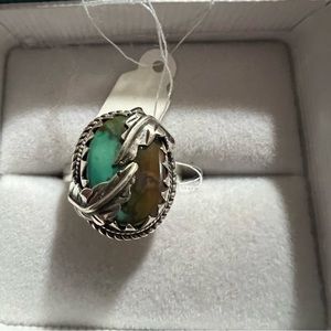 Brown/turquoise ring. Sterling Silver size 8. Leaf wrapped natives